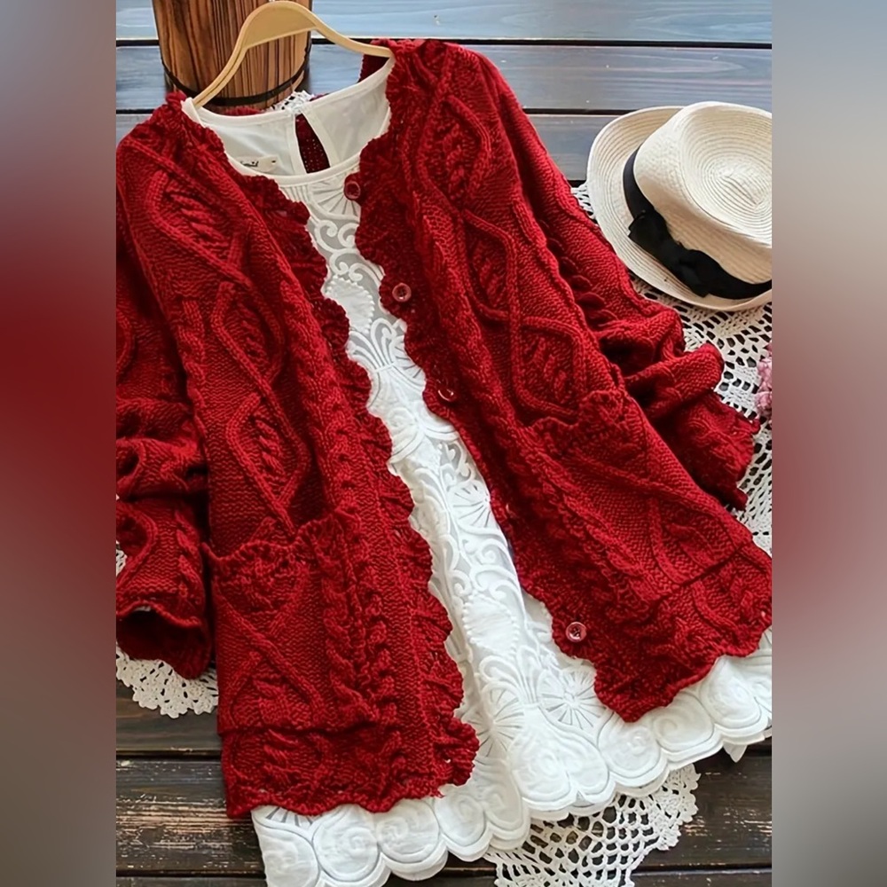 Perfect Red Holiday Cable Knit Scallop Trim Button Closure Cardigan Sweater